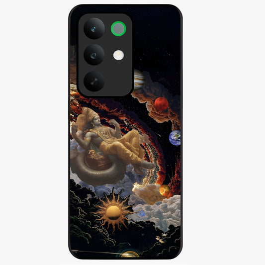 Galactic Divine God Glass Case showing flat back view with divine cosmic themed artwork and glossy glass finish.