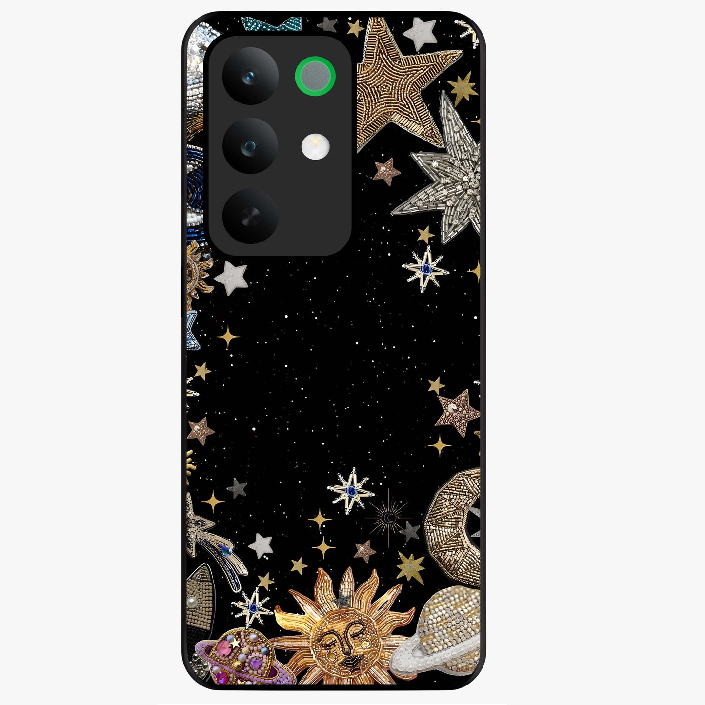 Galactic Jewel Stars Glass Case showing flat back view with sparkling star jewel artwork and glossy glass finish.