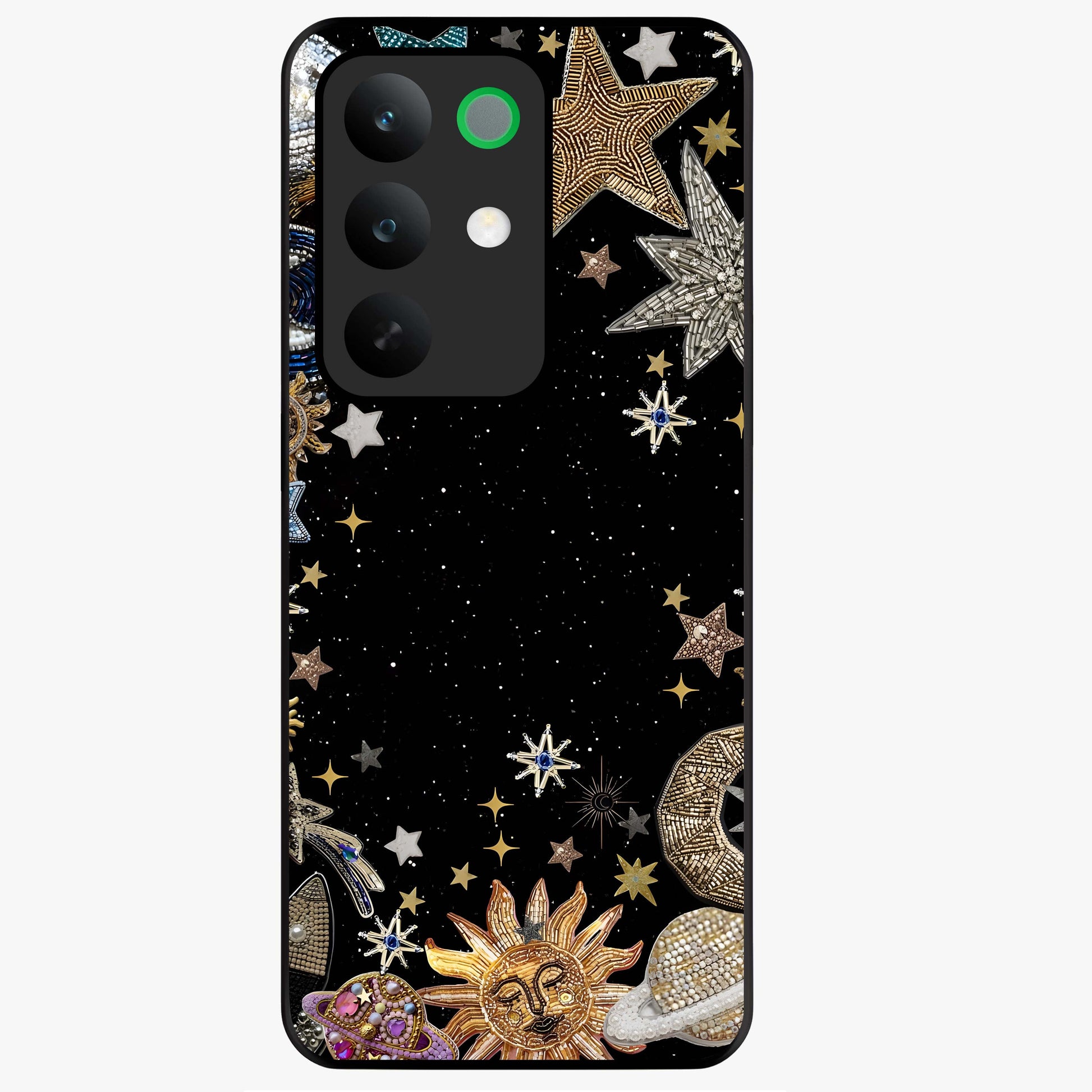 Galactic Jewel Stars Glass Case showing flat back view with sparkling star jewel artwork and glossy glass finish.