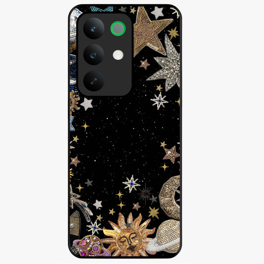 Galactic Jewel Stars Glass Case showing flat back view with sparkling star jewel artwork and glossy glass finish.