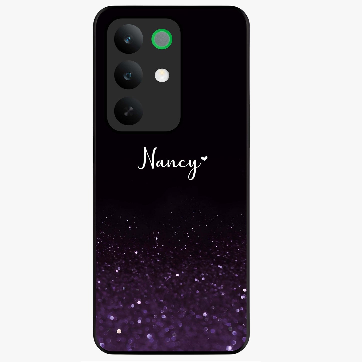 Glittery Purple Bokeh Custom Name Glass Case showing flat back view with purple bokeh sparkle artwork and personalized name design.