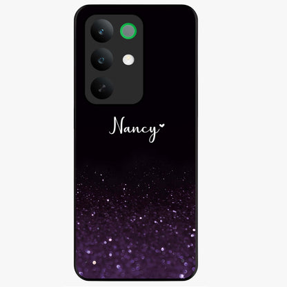 Glittery Purple Bokeh Custom Name Glass Case showing flat back view with purple bokeh sparkle artwork and personalized name design.