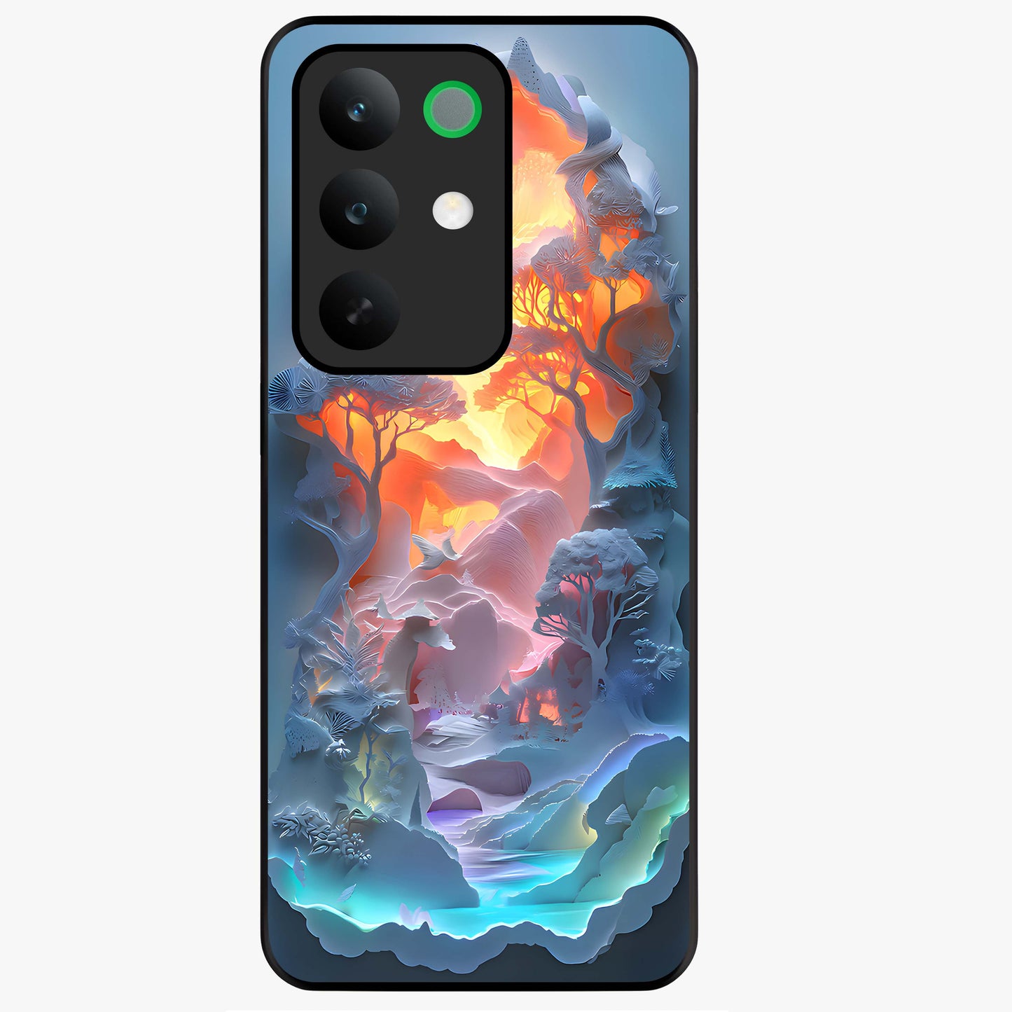 Glow Forest Portal Glass Case showing flat back view with glowing forest portal artwork and glossy glass finish.