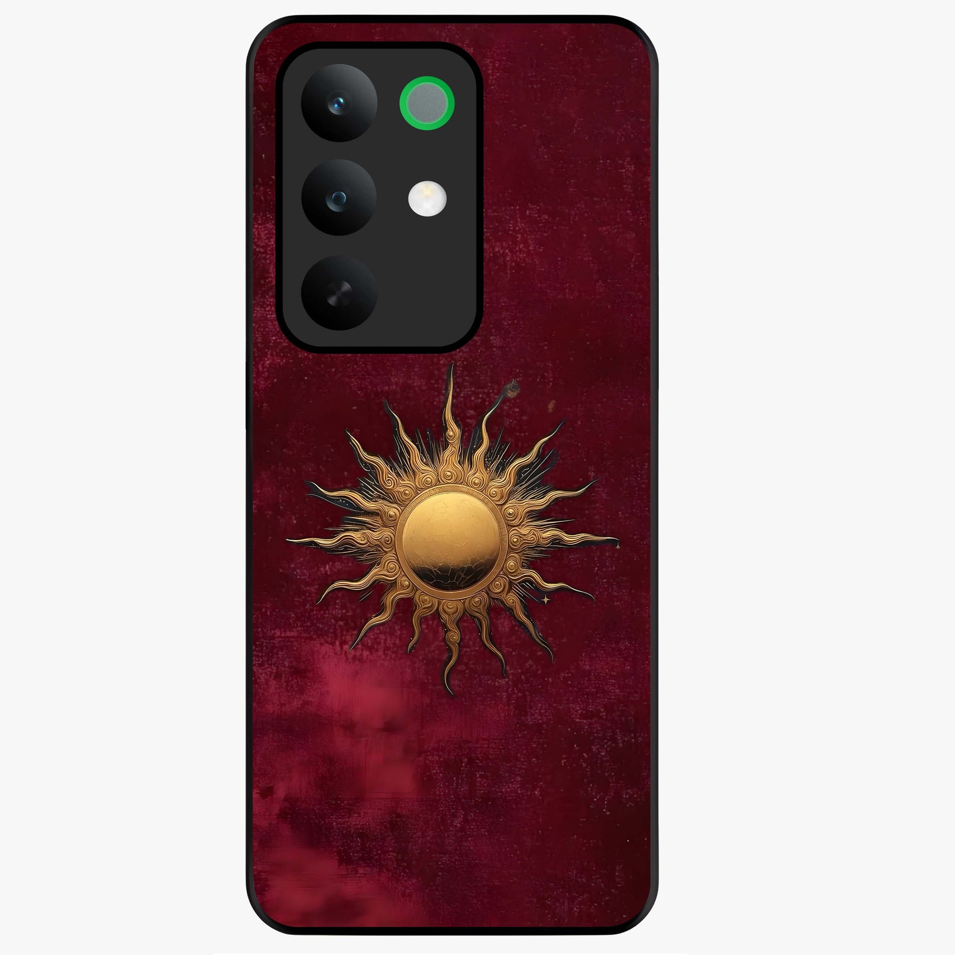 Gold Sun Blush Glass Case showing flat back view with golden sun inspired artwork and glossy glass finish.