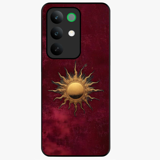 Gold Sun Blush Glass Case showing flat back view with golden sun inspired artwork and glossy glass finish.
