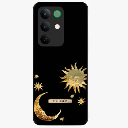 Golden Celestial Charm Glass Case showing flat back view with golden celestial charm artwork and glossy glass finish.