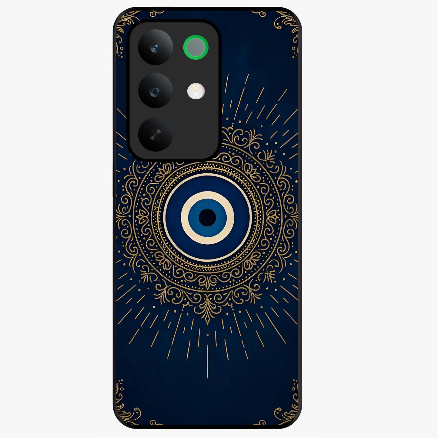 Golden Evil Eye Mandala Glass Case showing flat back view with intricate evil eye mandala artwork and glossy glass finish.