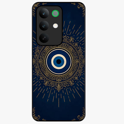 Golden Evil Eye Mandala Glass Case showing flat back view with intricate evil eye mandala artwork and glossy glass finish.