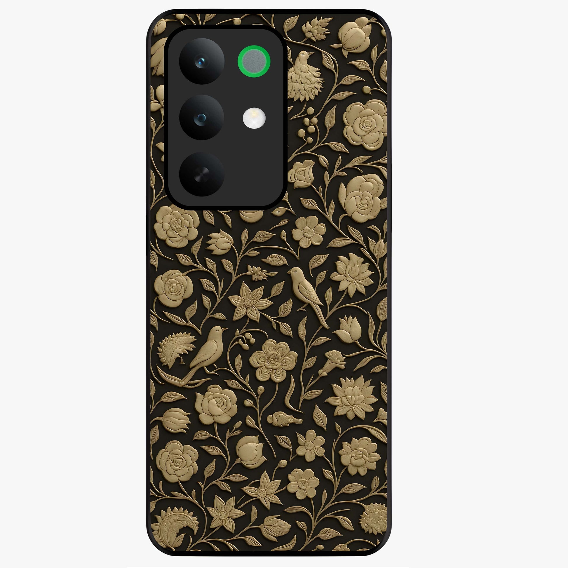 Golden Floral Majesty Glass Case showing flat back view with luxurious golden floral artwork and glossy glass finish.