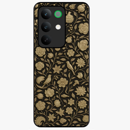 Golden Floral Majesty Glass Case showing flat back view with luxurious golden floral artwork and glossy glass finish.
