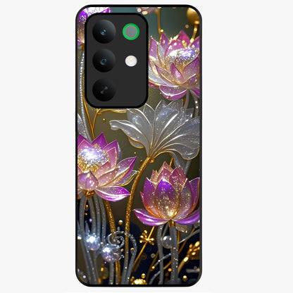 Golden Lotus Glow Glass Case showing flat back view with glowing lotus flower artwork and glossy glass finish.