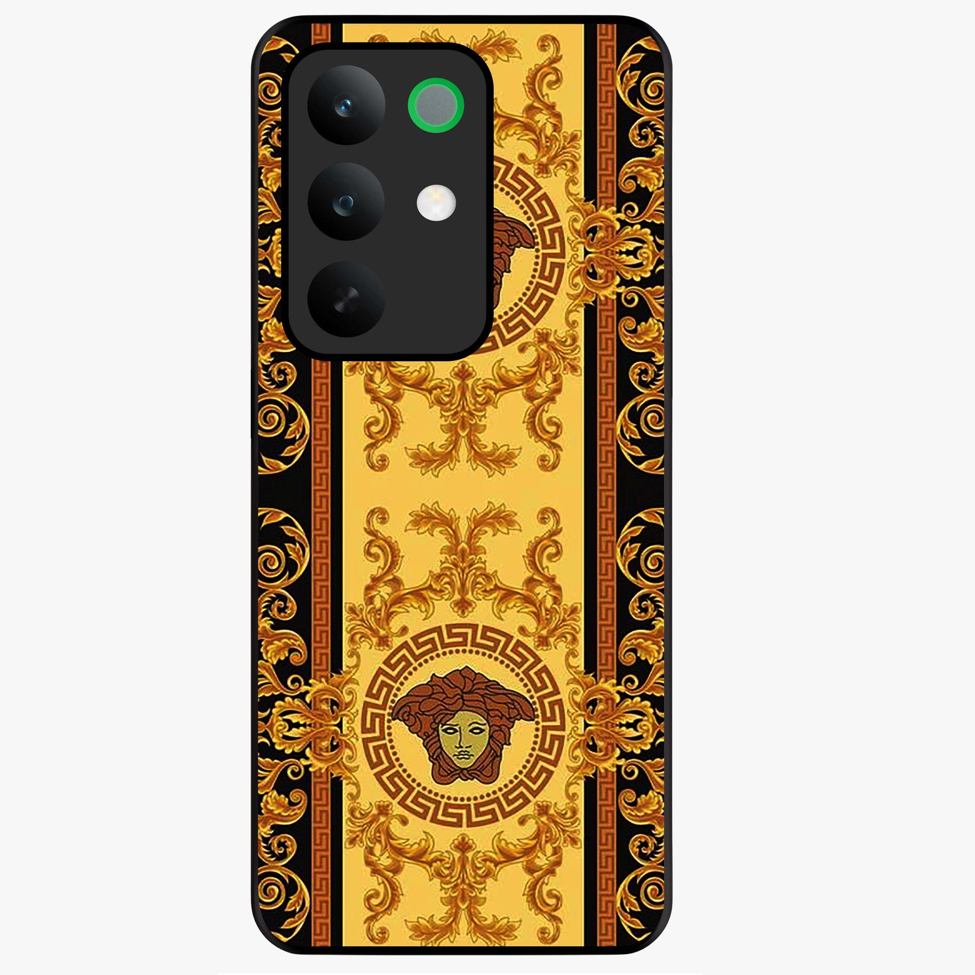Golden Royal Heritage Glass Case showing flat back view with ornate royal pattern artwork and glossy glass finish.