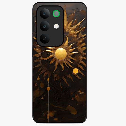 Golden Sun Majesty Glass Case showing flat back view with radiant golden sun artwork and glossy glass finish.