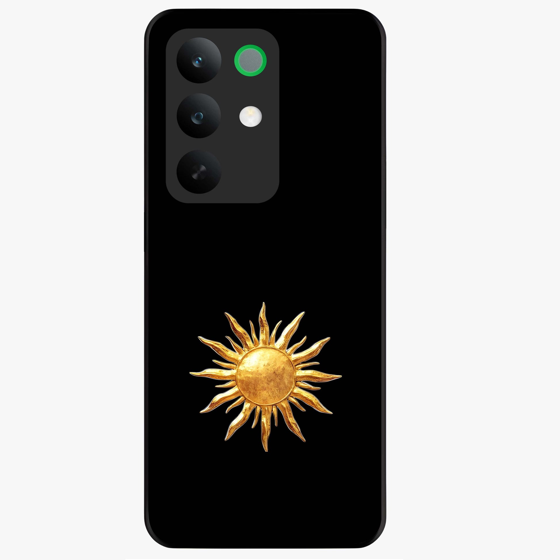 Golden Sun Minimalism Glass Case showing flat back view with minimal golden sun artwork and glossy glass finish.