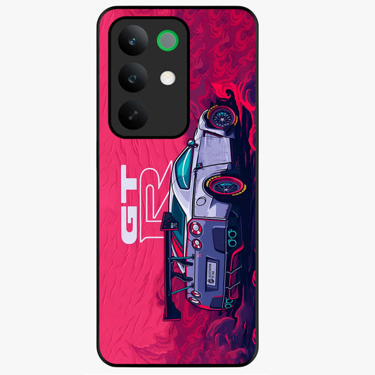 GT-R Car Pattern Glass Case showing flat back view with sporty car inspired pattern artwork and glossy glass finish.