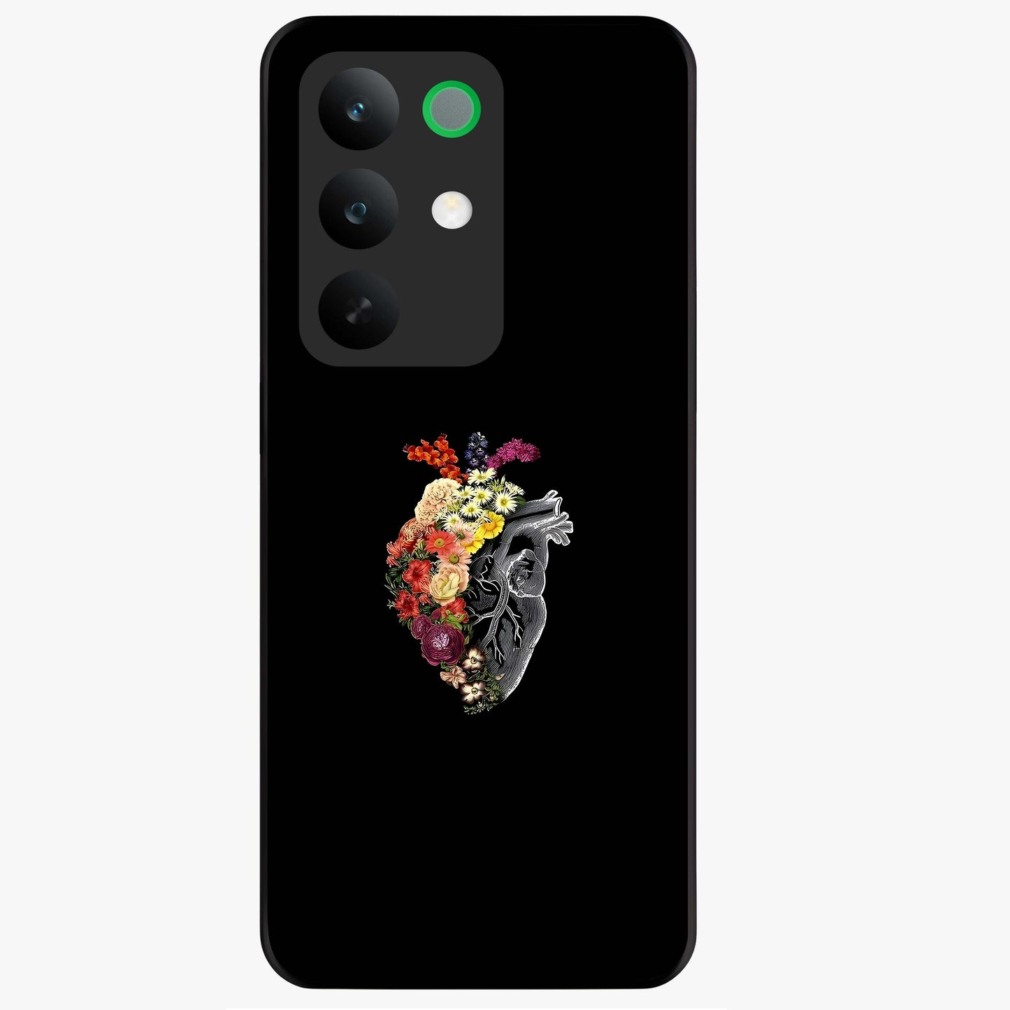 Heart With Flowers Glass Case showing flat back view with heart shaped floral artwork and glossy glass finish.