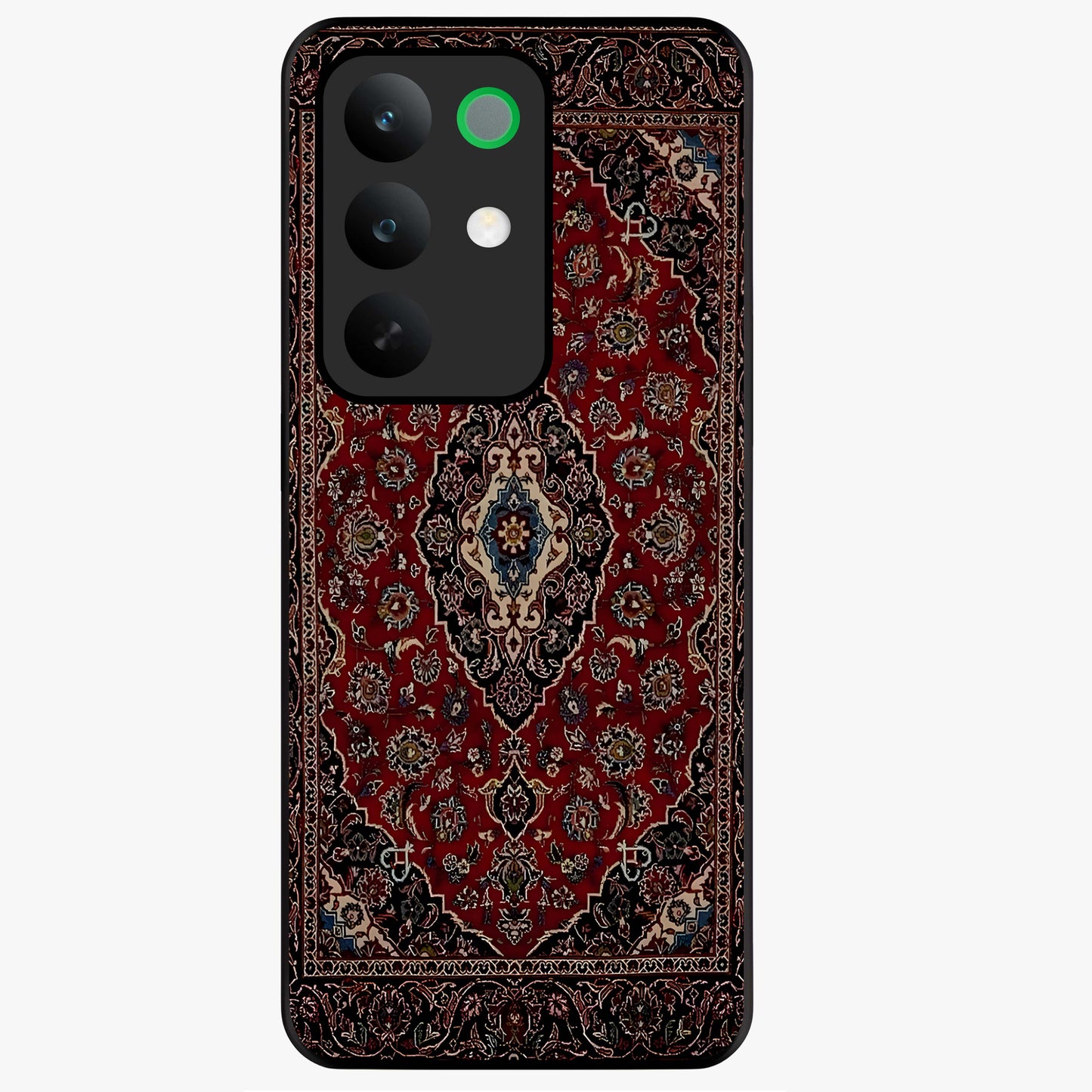 Heritage Carpet Royale Glass Case showing flat back view with ornate Persian carpet inspired pattern and glossy glass finish.