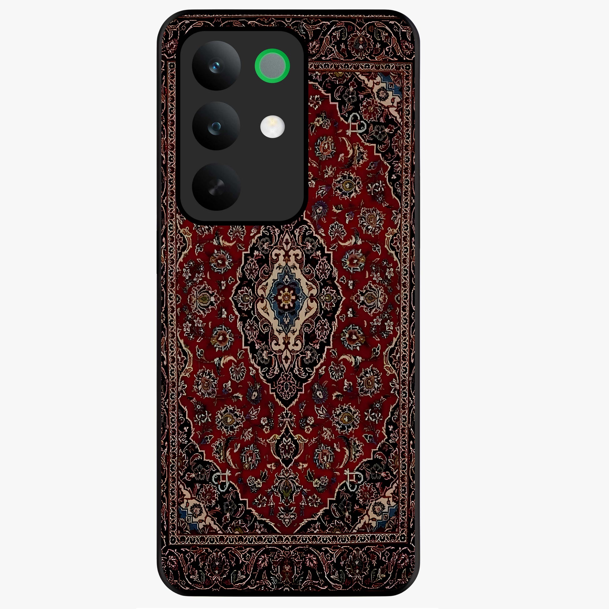 Heritage Carpet Royale Glass Case showing flat back view with ornate Persian carpet inspired pattern and glossy glass finish.