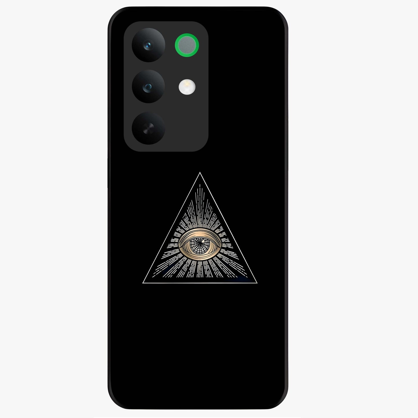 Illuminati Evil Glass Case showing flat back view with mysterious illuminati symbol artwork and glossy glass finish.
