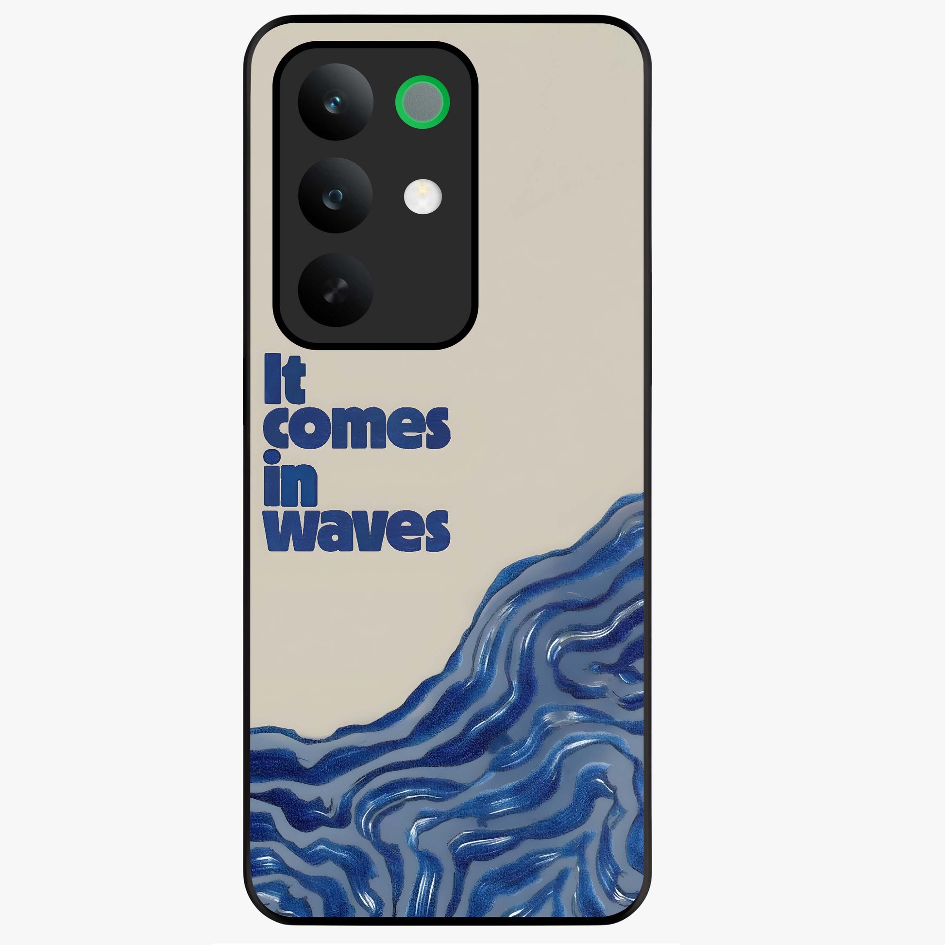 It Comes In Waves Quote Glass Case showing flat back view with inspirational wave themed quote artwork and glossy glass finish.