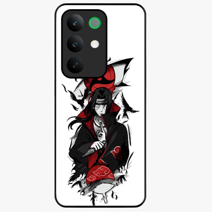 Itachi Sharingan Glass Case showing flat back view with powerful anime eye artwork and glossy glass finish.