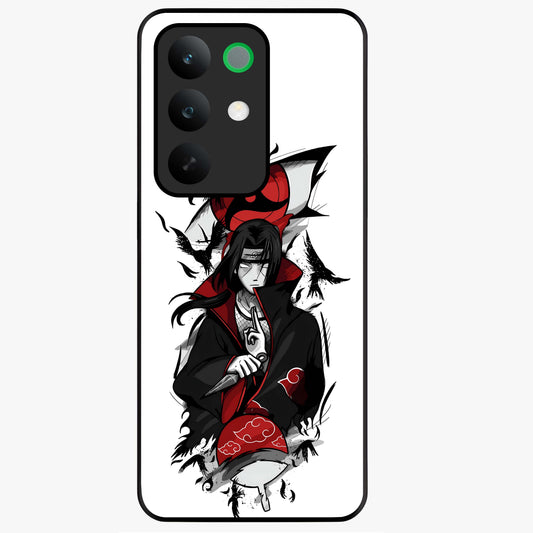 Itachi Sharingan Glass Case showing flat back view with powerful anime eye artwork and glossy glass finish.