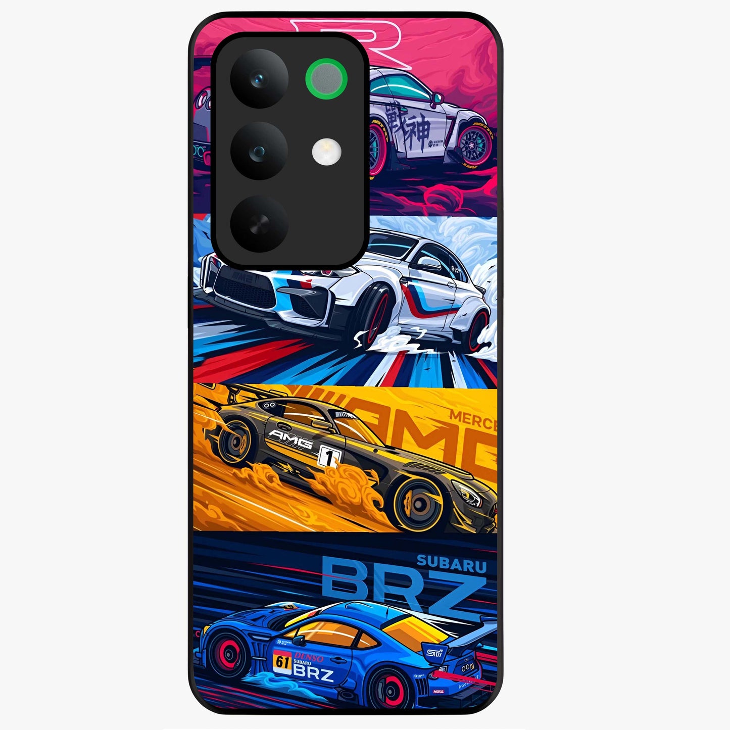 JDM Sports Car Glass Case showing flat back view with high performance sports car artwork and glossy glass finish.