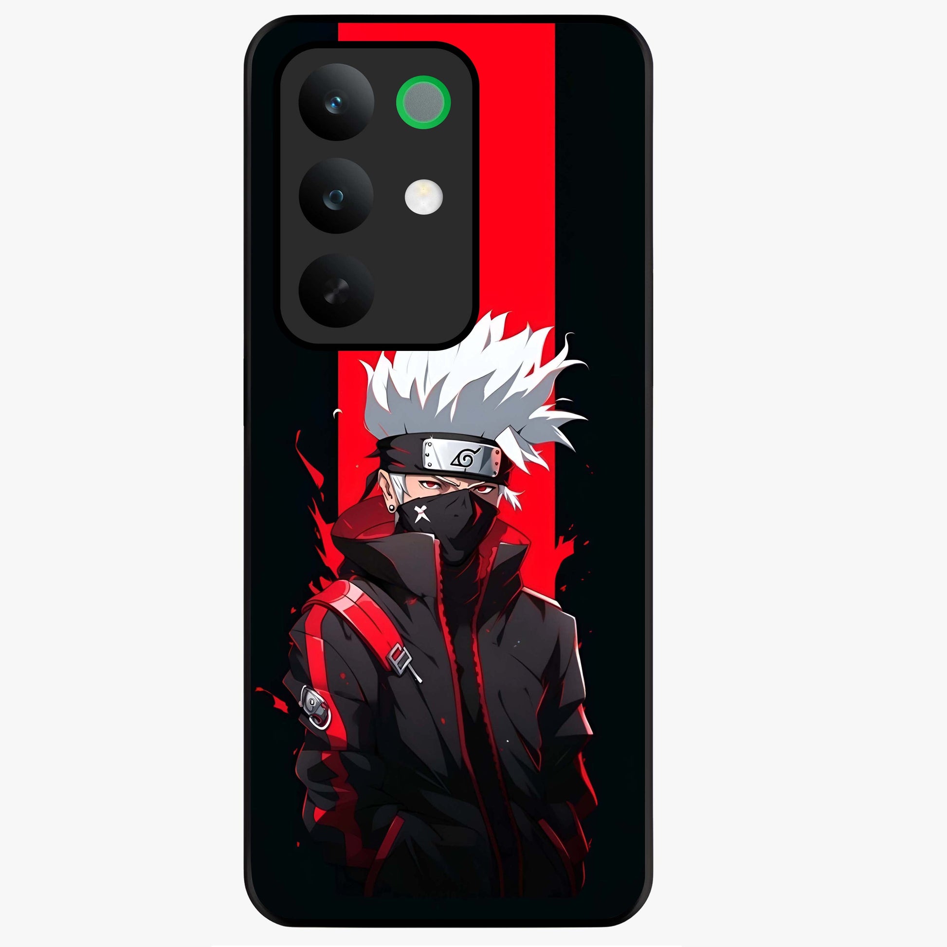 Kakashi Scarlet Shadow Glass Case showing flat back view with powerful anime ninja artwork and glossy glass finish.