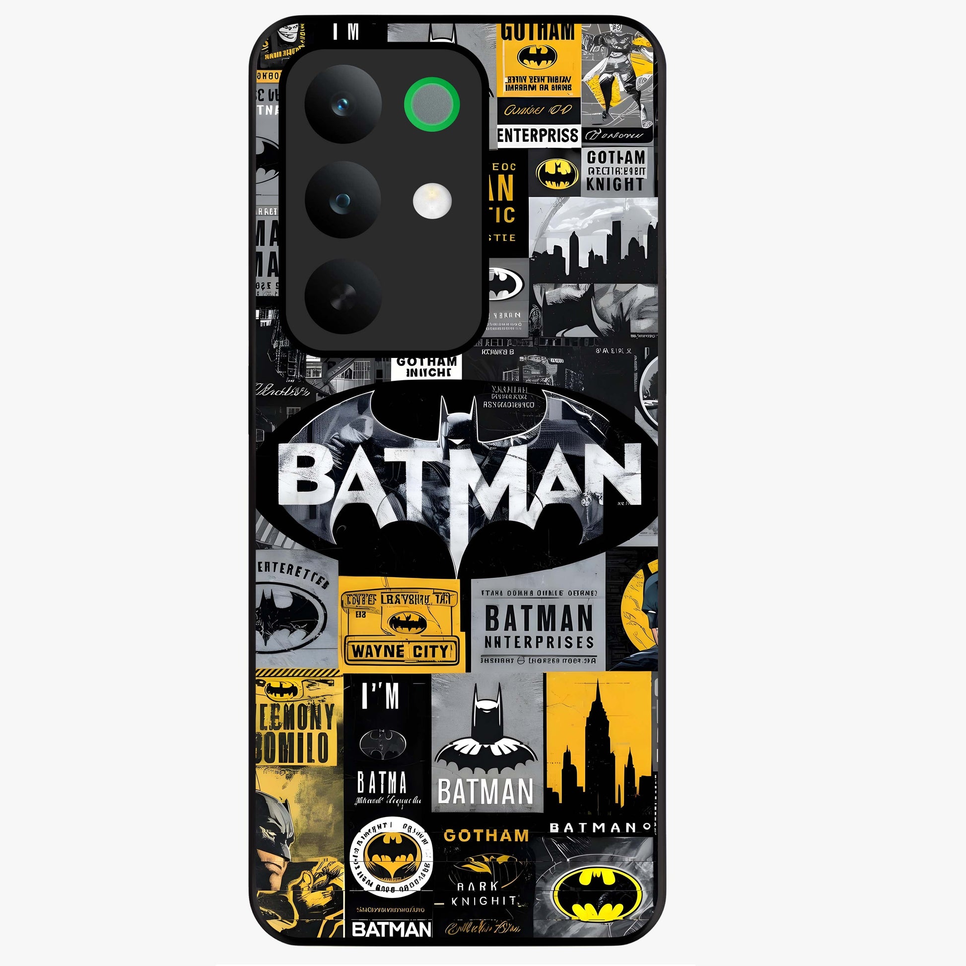 Knight Gotham Rise Glass Case showing flat back view with dark hero inspired artwork and glossy glass finish.