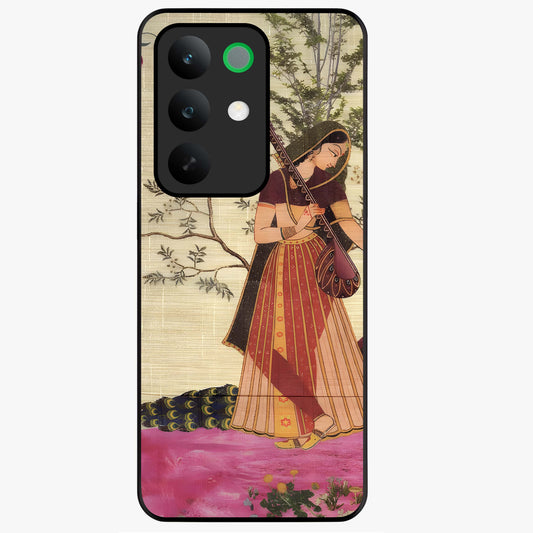 Lady With Veena Art Glass Case showing flat back view with elegant woman playing veena artwork and glossy glass finish.