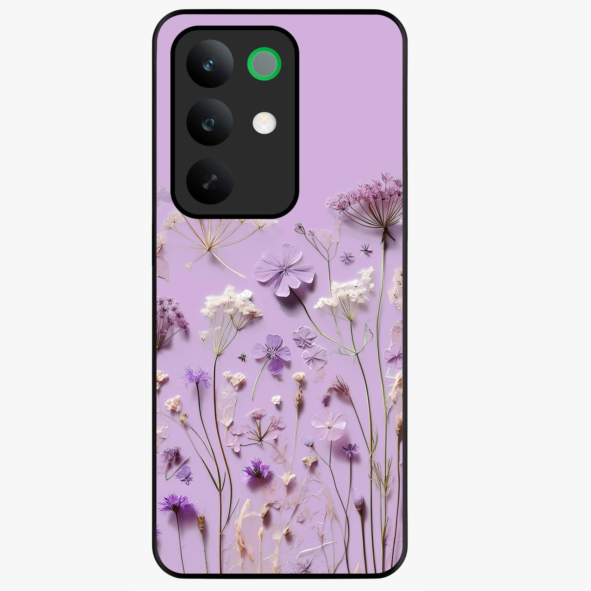 Lavender Blossom Dream Glass Case showing flat back view with soft lavender floral artwork and glossy glass finish.