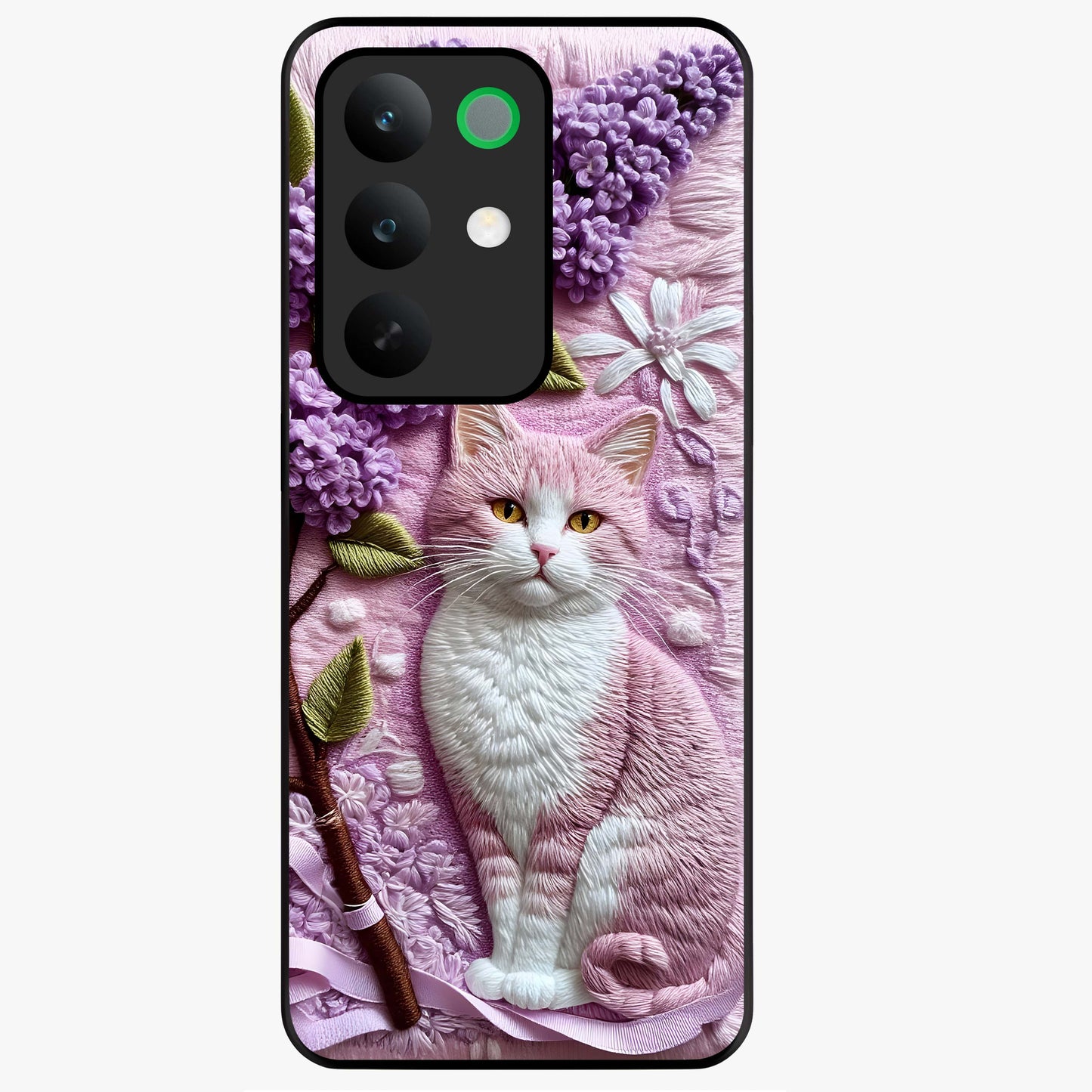 Lavender Cat Whimsy Glass Case showing flat back view with cute lavender cat artwork and glossy glass finish.