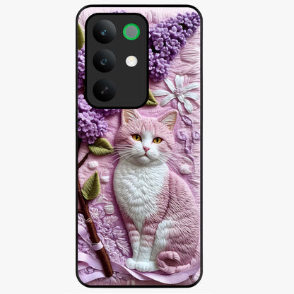 Lavender Cat Whimsy Glass Case showing flat back view with cute lavender cat artwork and glossy glass finish.