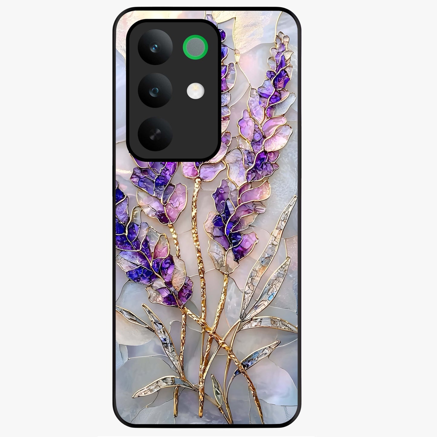 Lavender Dream Glow Glass Case showing flat back view with glowing lavender aesthetic artwork and glossy glass finish.