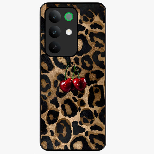 Leopard Wild Cherry Glass Case showing flat back view with leopard pattern and cherry artwork and glossy glass finish.
