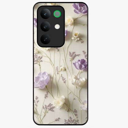 Lilac Breeze Harmony Glass Case showing flat back view with soft lilac themed artwork and glossy glass finish.