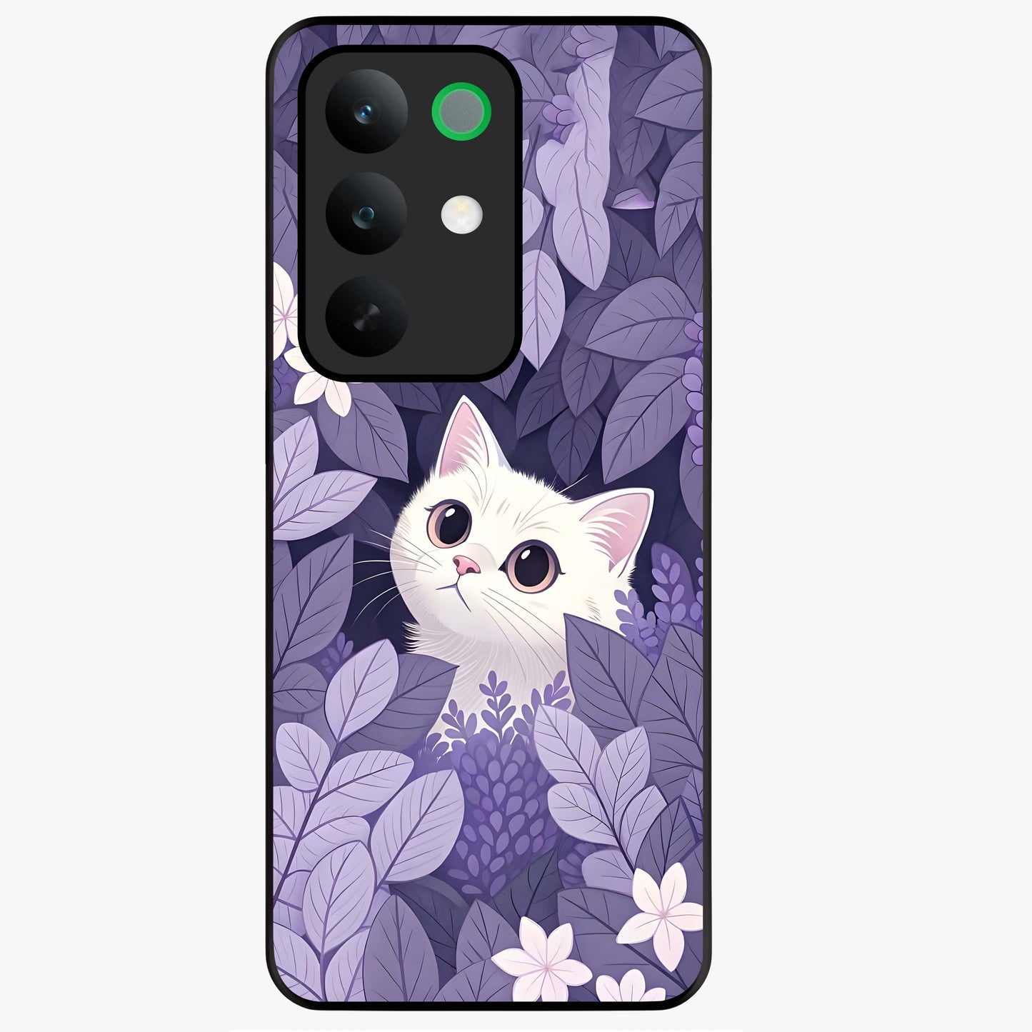 Lilac Hide Peek Cat Glass Case showing flat back view with cute peeking cat artwork and glossy glass finish.