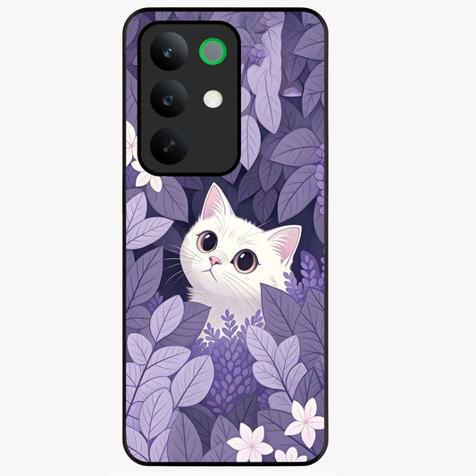 Lilac Hide Peek Cat Glass Case showing flat back view with cute peeking cat artwork and glossy glass finish.