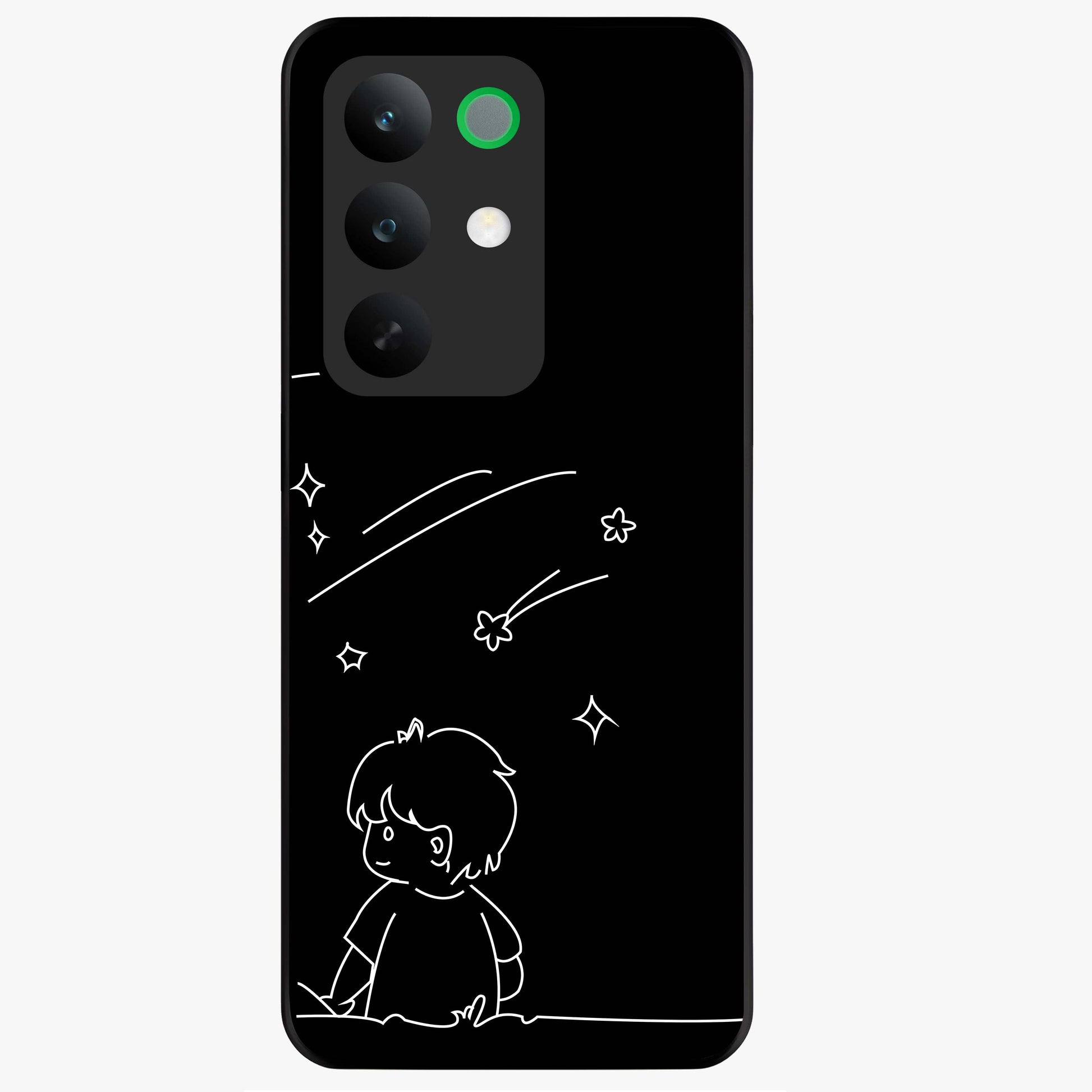 Line Art Boy With Shooting Stars Glass Case showing flat back view with minimal line art boy and shooting stars illustration and glossy glass finish.