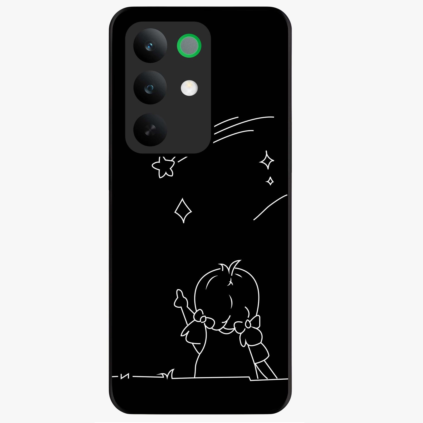 Line Art Girl With Shooting Stars Glass Case showing flat back view with minimal line art girl and shooting stars illustration and glossy glass finish.