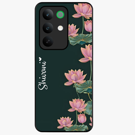 Lotus Bloom Serenity Custom Name Glass Case showing flat back view with elegant lotus flower artwork and personalized name design.