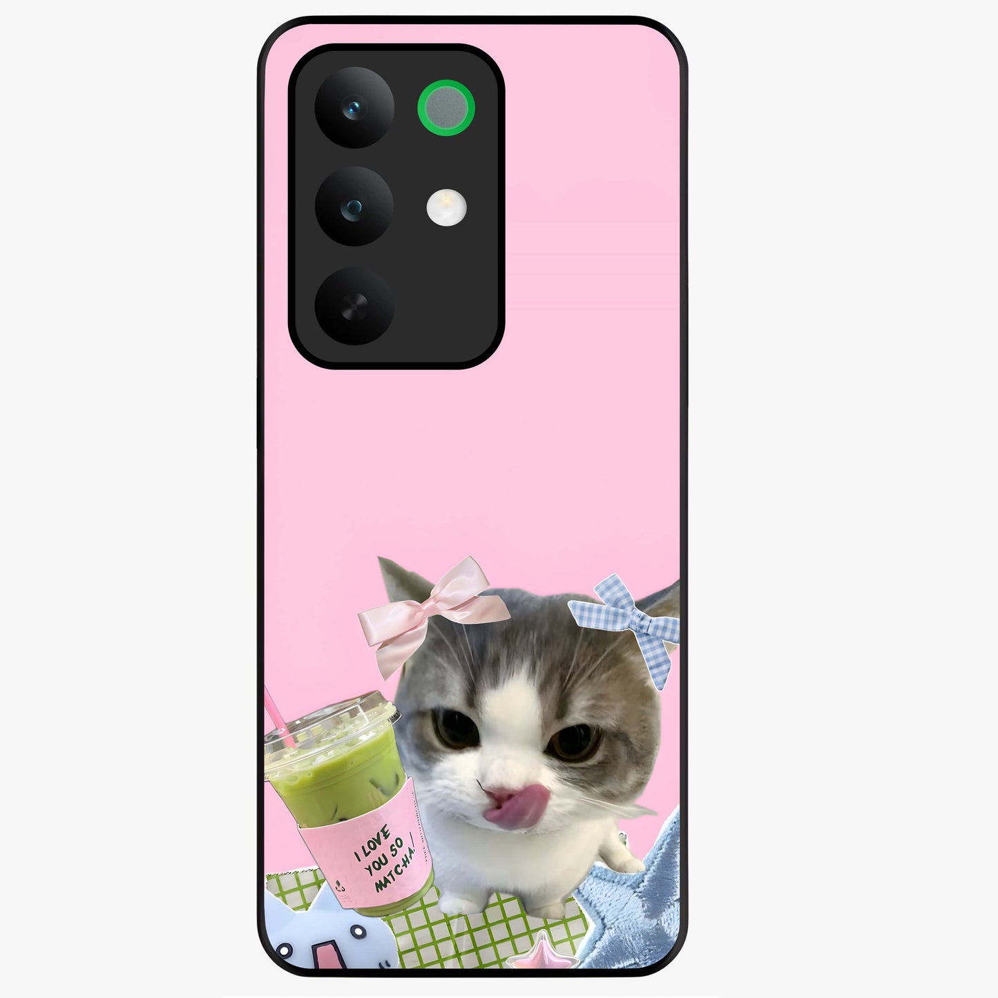 Love Matcha Cat Glass Case showing flat back view with cute cat and matcha themed artwork and glossy glass finish.