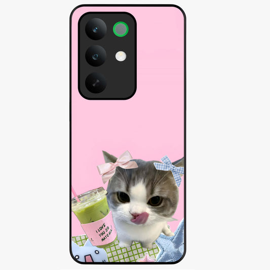 Love Matcha Cat Glass Case showing flat back view with cute cat and matcha themed artwork and glossy glass finish.
