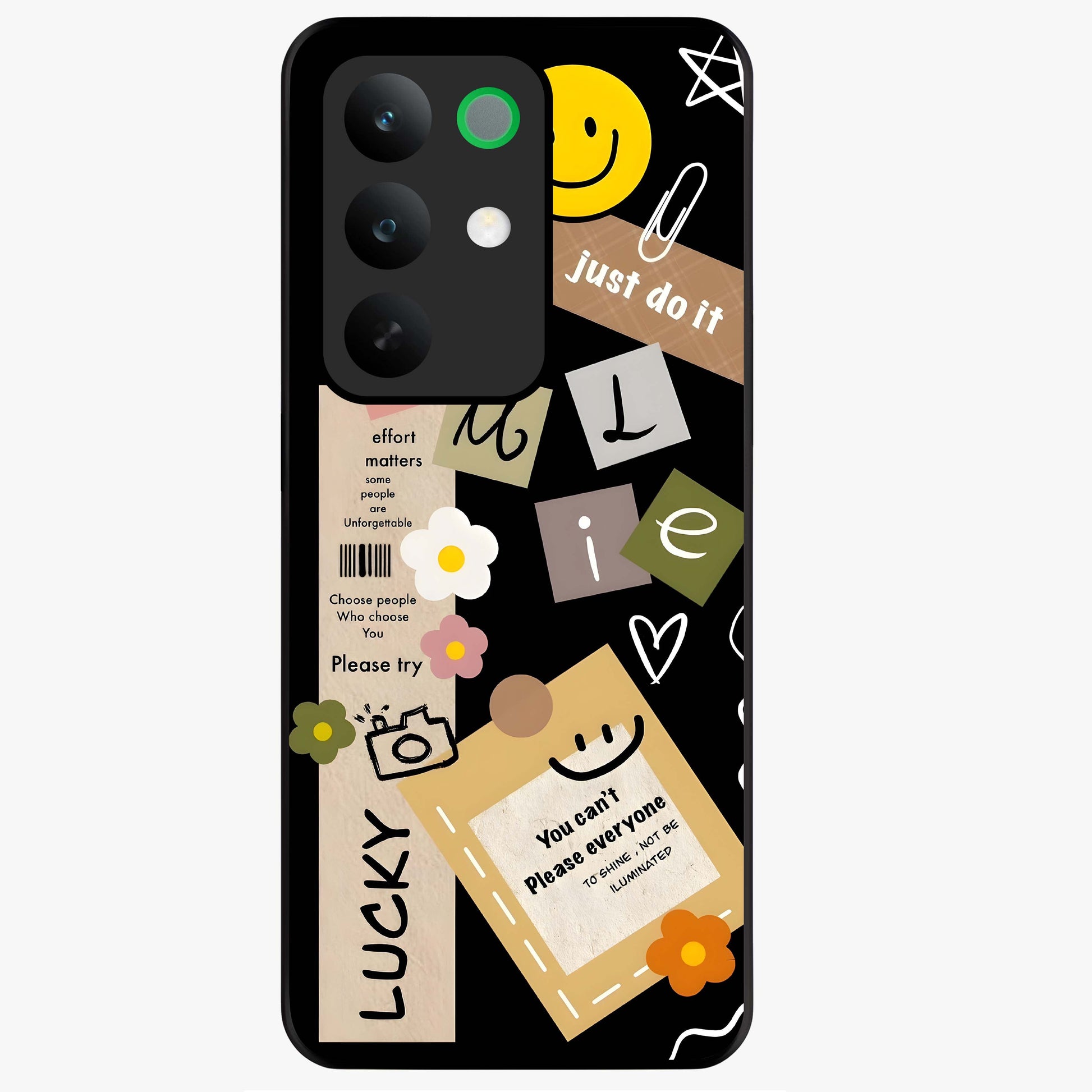 Lucky Aesthetic Collage Glass Case showing flat back view with trendy aesthetic collage artwork and glossy glass finish.
