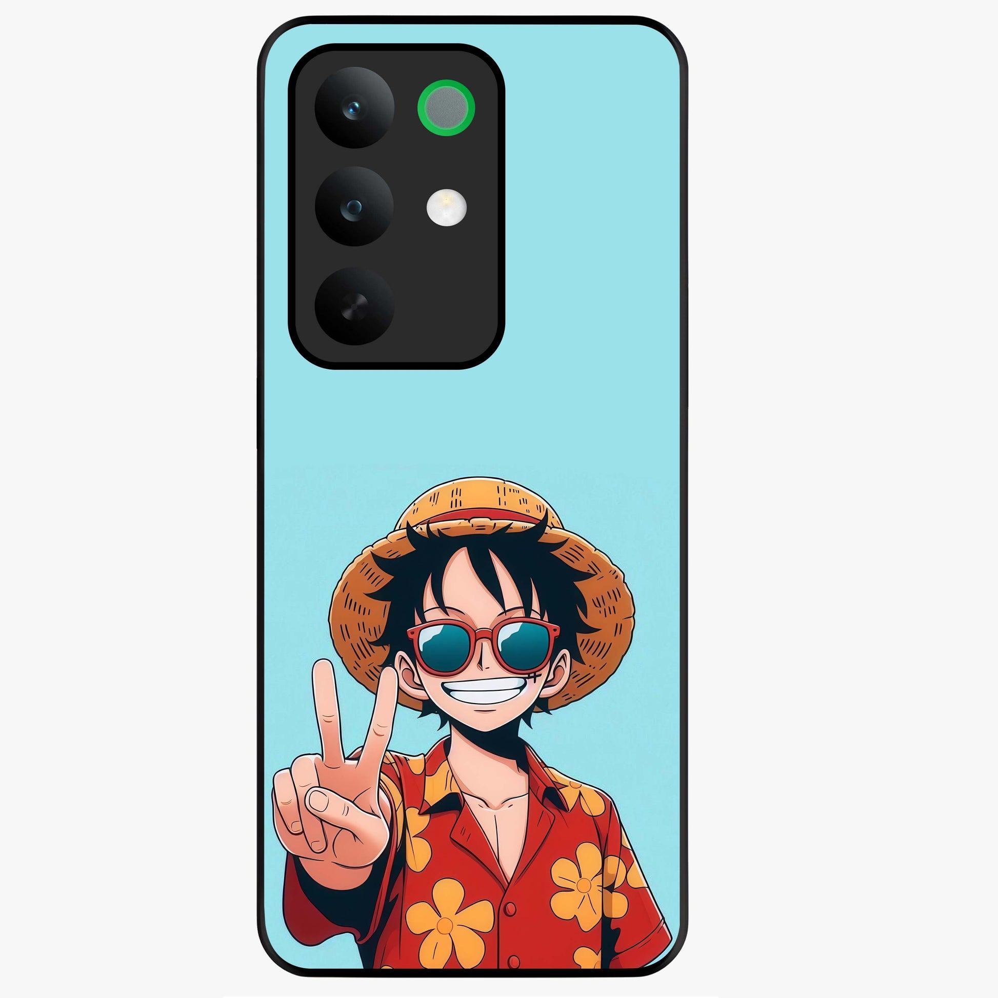 Luffy Summer Anime Vibe Glass Case showing flat back view with vibrant anime character artwork and glossy glass finish.