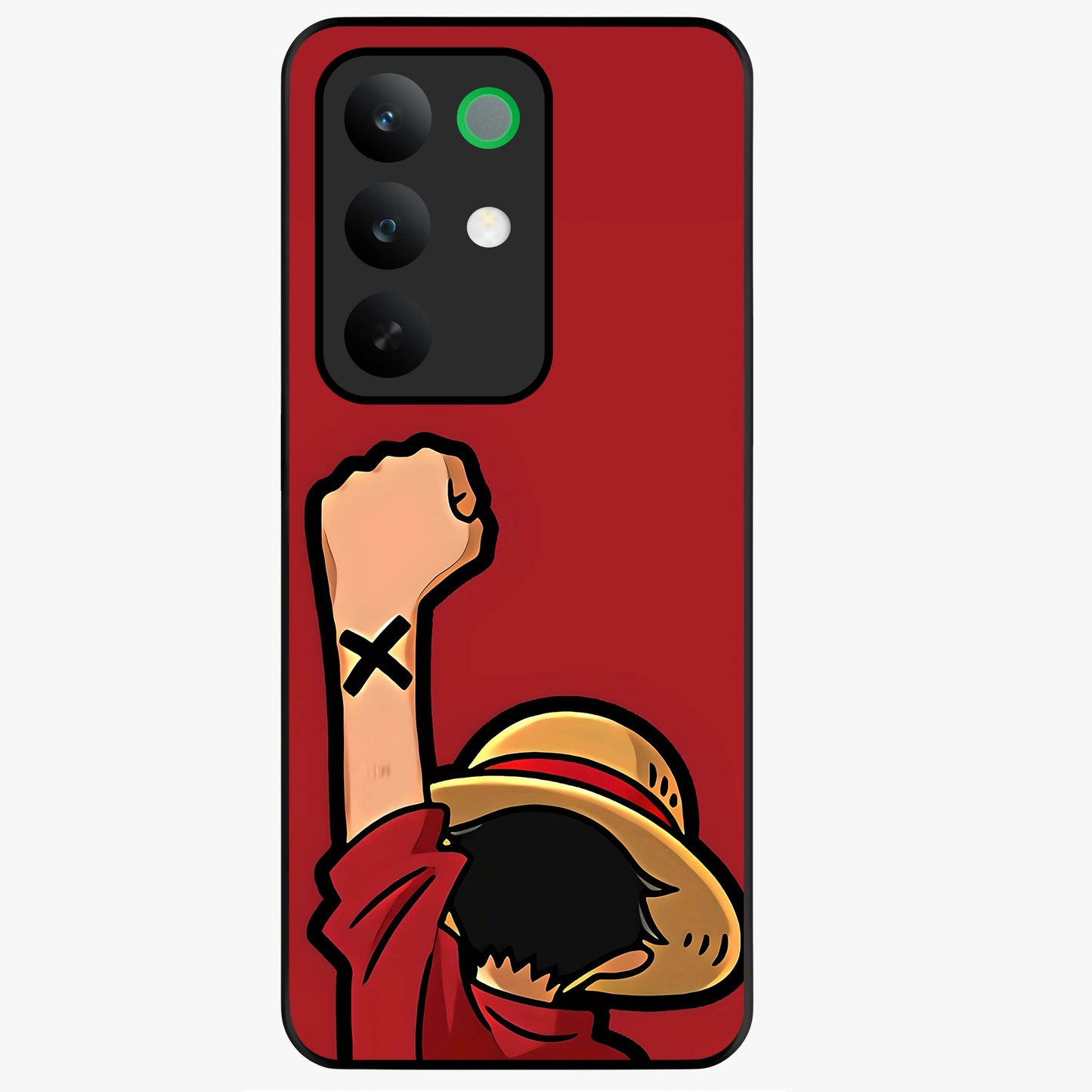 Luffy X Spirit Glass Case showing flat back view with bold anime character artwork and glossy glass finish.