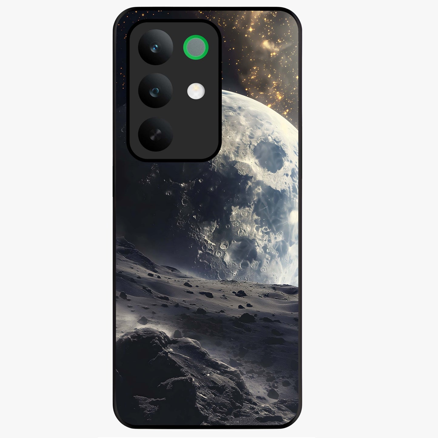 Lunar Horizon Glow Glass Case showing flat back view with glowing moon horizon artwork and glossy glass finish.