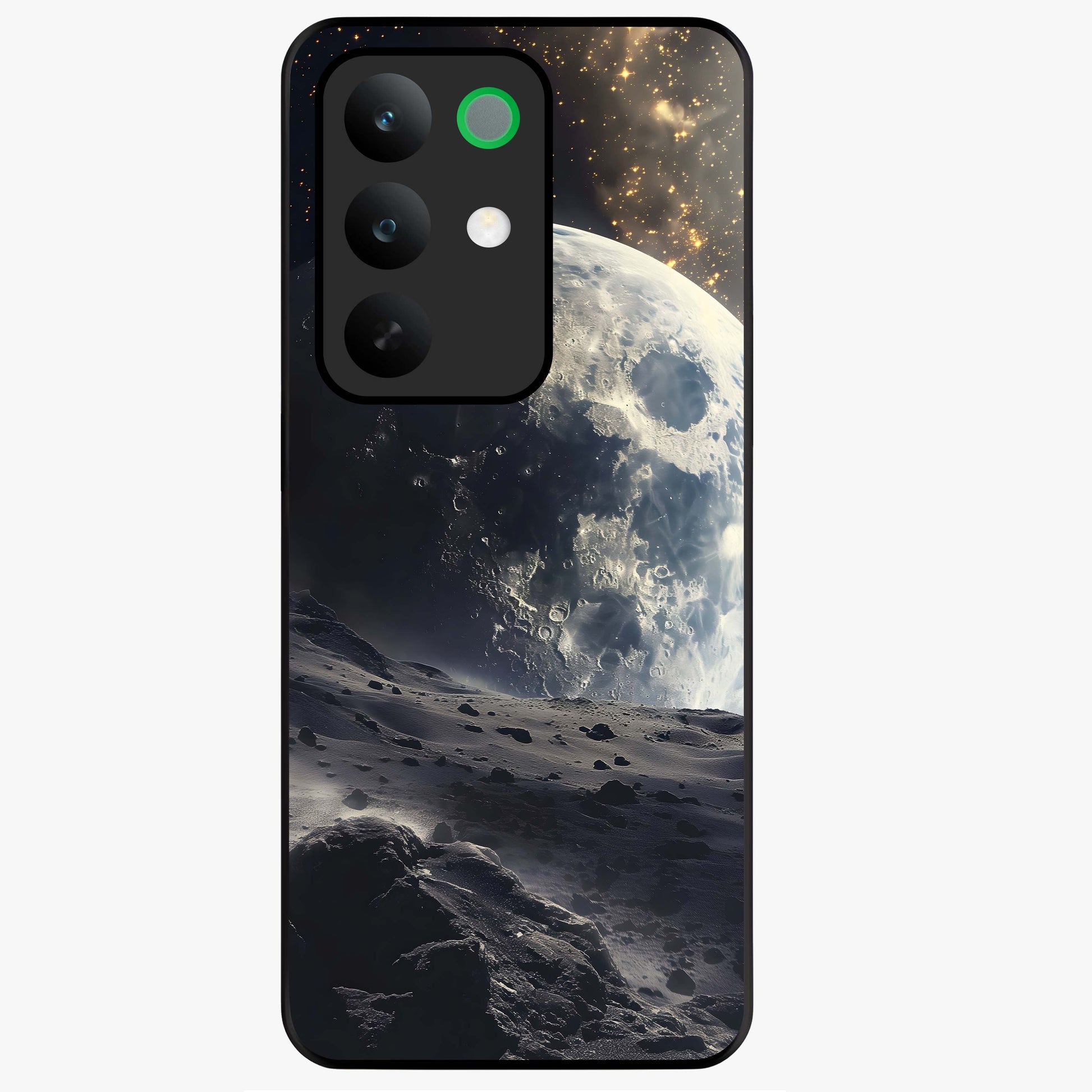 Lunar Horizon Glow Glass Case showing flat back view with glowing moon horizon artwork and glossy glass finish.