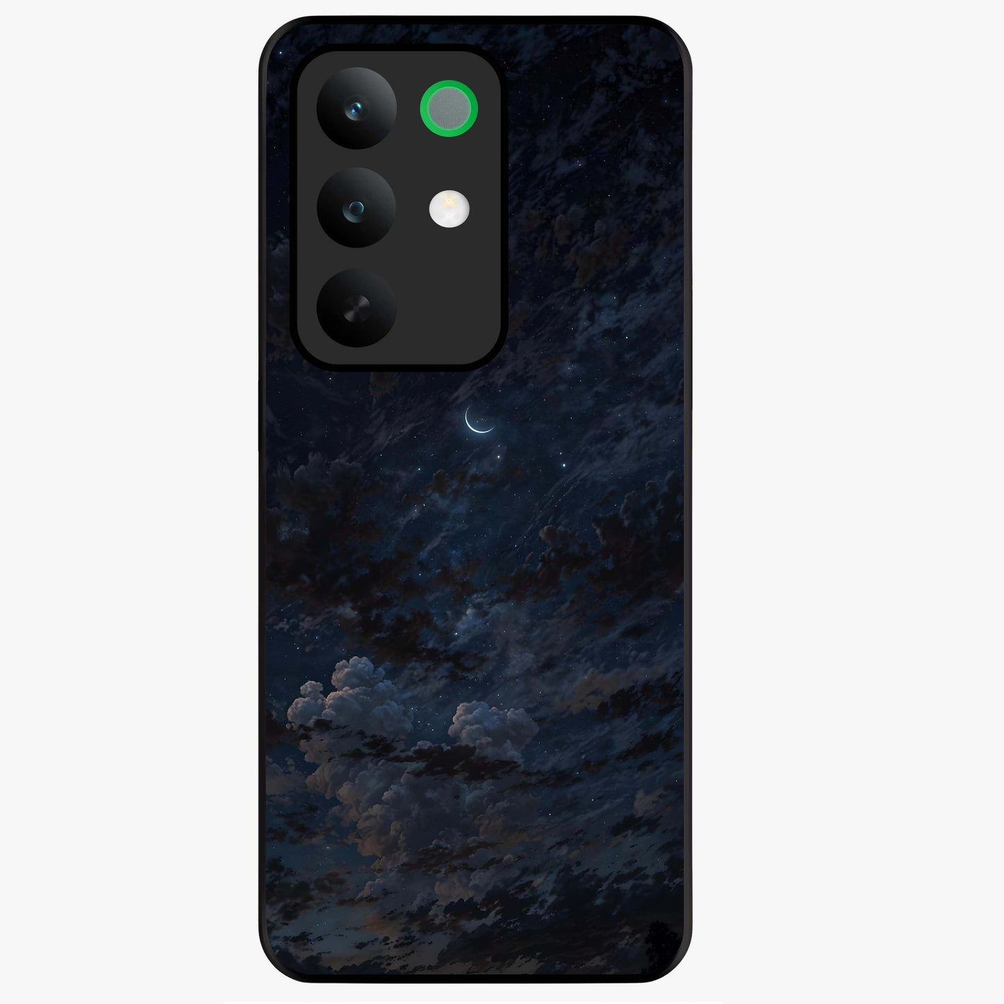 Lunar Veil Silence Glass Case showing flat back view with mystical moon veil artwork and glossy glass finish.