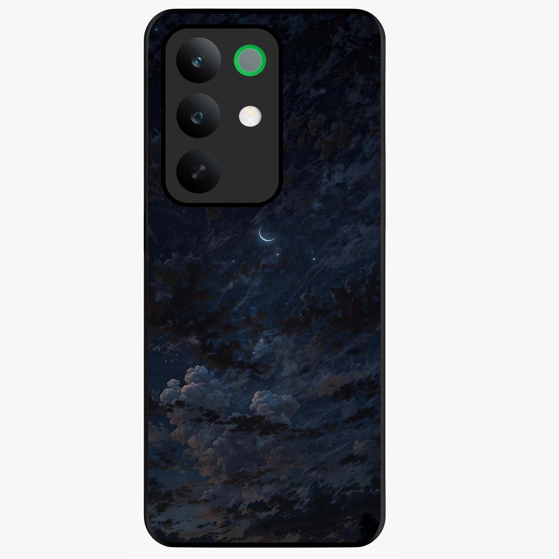 Lunar Veil Silence Glass Case showing flat back view with mystical moon veil artwork and glossy glass finish.